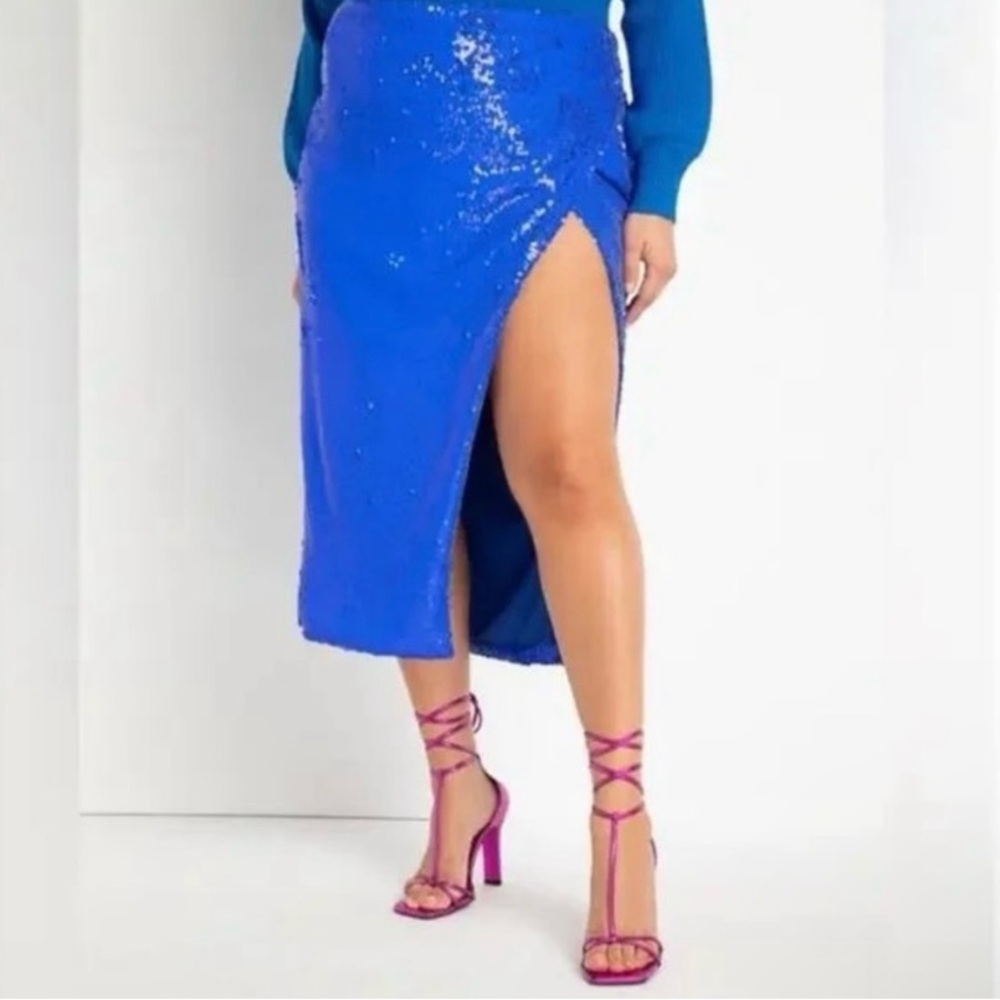 Eloquii Blue Sequin High-Slit Skirt